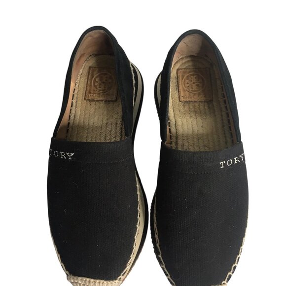 Tory Burch Shoes Womens Size 8.5 Black Espadrille Slip-On Canvas Jute Logo Flat - Picture 15 of 16